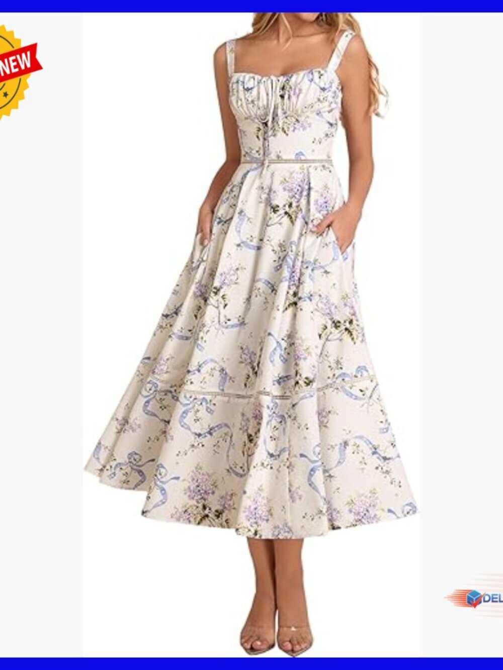 Floral Corset Midi Dress with Pockets Lace Up Back Cutout Summer Wedding Guest - Picture 1 of 6
